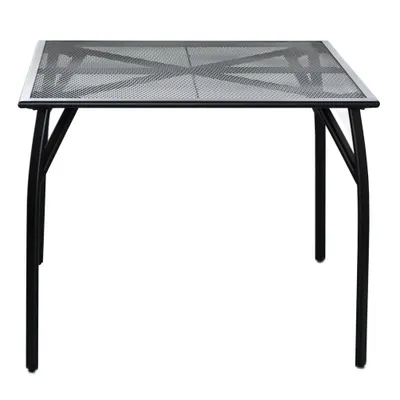 A square metal garden table with a mesh top and black legs, shown from a front-facing angle against a white background.