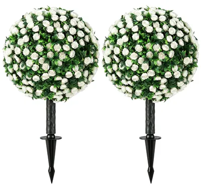 Produktbild von 2er Set Künstliche Rosenbäumchen 55 cm mit weißen Blüten UV-beständige Blumenkugel am Erdspieß Outdoor Gartendekoration