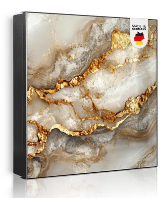 Produktbild von banjado Schlüsselkasten aus Metall, 30x30cm groß mit 32 Haken, als Magnettafel nutzbar, Korpus schwarz, Anschlag rechts, Weißer Marmor mit Gold 2 [SKG1 13607]