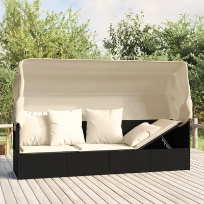 Produktbild von The Living Store Outdoor-Loungebett mit Dach und Kissen Schwarz Poly Rattan