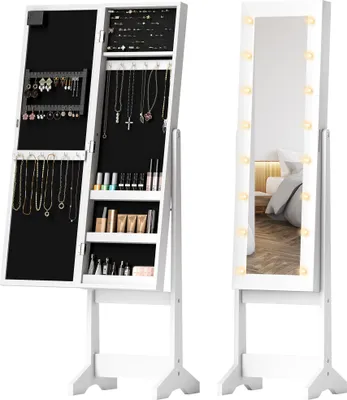 Image de HOMCOM Armoire à bijoux armoire de rangement sur pieds boîte à bijoux avec miroir multi-rangements éclairage LED blanc