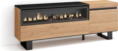 A modern TV cabinet with a built-in electric fireplace.
