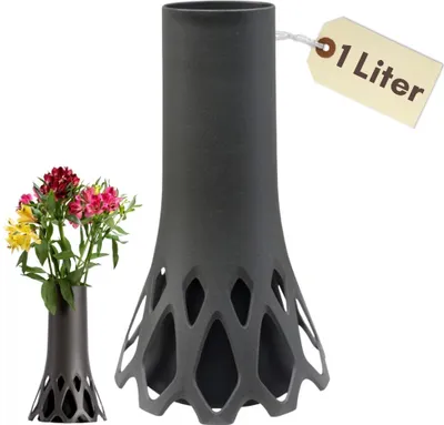 A collage showing a large dark gray vase with a decorative base and a smaller vase with flowers next to it. A tag with "1 Liter" is attached to the larger vase.