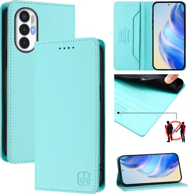 Produktbild von Lederhülle für Tecno Pova 3 Hülle Flip Brieftasche Kartenfächern Ständer Schutzhülle Türkis