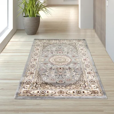 Produktbild von Orientalischer Teppich mit Verzierungen in creme grau Größe - 80 x 150 cm