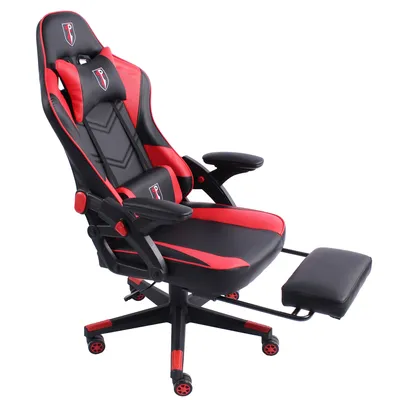 Produktbild von Gaming Stuhl im modernen Racing-Design mit ausziehbarer Fußstütze Gaming Chair mit verstellbaren Design Armlehnen ergonomischer Schreibtischstuhl mit extra Stützkissen,Farbe:Schwarz/Rot
