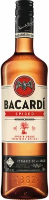 A bottle of Bacardi Spiced rum against a white background.