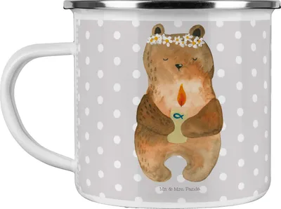Produktbild von Mr. & Mrs. Panda Emailletasse Bär Kommunion - Grau Pastell - Geschenk, Taufkerze, Teetasse, Pott, Campingtasse, Campingbecher, Gottes Segen, Emaille Becher, Teddy, Tasse