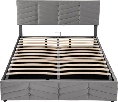 Produktbild von okwish Polsterbett 140×200cm Stauraumbett Doppelbett mit verstellbares Kopfteil，hydraulisches Kontinentalbett，Streifenstil，Samt，Grau,ohne Matratze