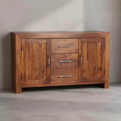 Elegantes Sideboard Sheesham_ 3 Schubladen_ 2 Türen_ Landhaus-Stil - KADIMA DESIGN_Größe_ 118x40x70 cm_#sku_BARWL1.201#