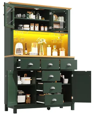 Image de Armoire de cuisine, meuble de rangement, buffet avec éclairage LED, 4 portes, dimensions : 104 x 40 x 180 cm, couleur : vert