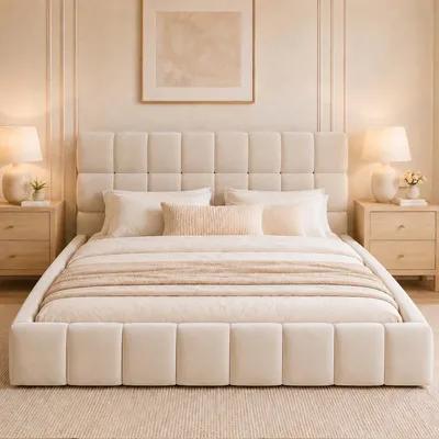 Image de Lit rembourré Flieks 140 x 200 cm avec sommier à lattes, lit double pour adolescent avec tête de lit rembourrée, lit d'enfant en bois avec bordure rembourrée, velours, beige