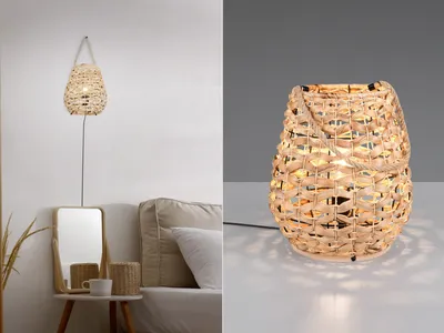 Produktbild von Große LED Tischlampe Lampenschirm Seegras Korblampe Bodenleuchte innen, H: 55cm