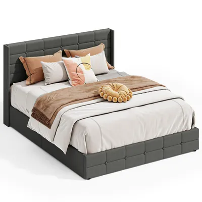 Produktbild von BEALIFE Polsterbett 160x200 cm mit Lattenrost & Hydraulikbett | Doppelbett mit Stauraum in Leinenoptik | Grau/Beige | 16BF84
