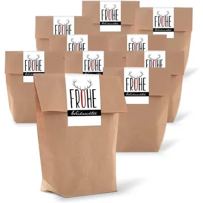 Produktbild von 25 braune natur weihnachtliche Verpackung Geschenk-Tüten Kraftpapier 14 x 22 x 5,6 cm + 25 Aufkleber FROHE WEIHNACHTEN Verpacken Weihnachtsgeschenke Geschenk-Papier Kundengeschenke natürlich"Frohe Weihnachten" Hirschgeweih / 50