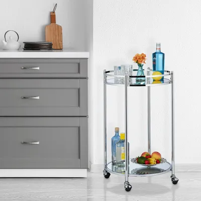 Produktbild von Relaxdays Servierwagen rund, Barwagen mit 2 Etagen, Stahl, verspiegelte Ablagen, Teewagen mit Rollen, 75 x 50 cm, silber