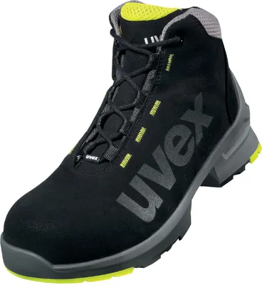 A black and yellow work boot is shown against a white background.