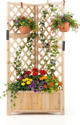 Produktbild von COSTWAY Blumenkasten, Hochbeet mit Rankgitter, Spalier&Drainageloch, Pflanzkasten Eck aus Holz, Blumenkübel Gartenspalier Rankhilfe, 55x55x140cm Natur