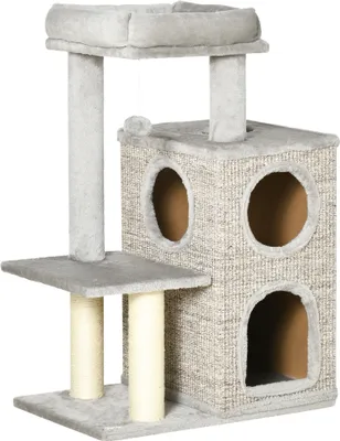 Produktbild von PawHut Kratzbaum, Höhe 91 cm, Kletterbaum mit 2 Katzenhöhlen, Kratztonne mit Sisalsäule, Spieltonne für Katzen, Katzenbaum mit Plattform, Spielbaum, Katzenspielzeug, Hellgrau