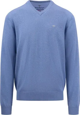 A blue V-neck sweater is shown from the front against a white background.