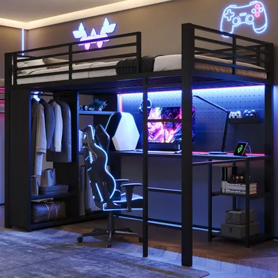 Obrázek produktu pro Postel pro mládež MODFU, rozměry 90x200 cm, s pracovním stolem, patrová postel s LED osvětlením a dvojitou zásuvkou, kovová postel se zásuvkami, bez matrace, černá barva
