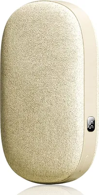 A close-up, studio shot of a portable hand warmer with a digital display.