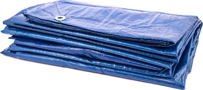A folded blue tarp is shown on a white background.