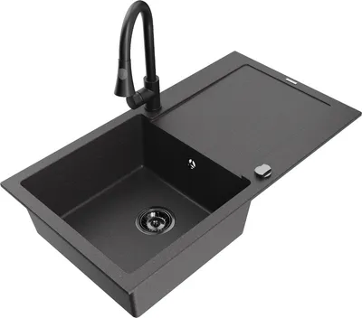 Produktbild von Mexen Leo 1 Becken-Granitspüle mit Abtropffläche und Mischbatterie Elia, Schwarz gesprenkelt - 6501-76-670101-70-B