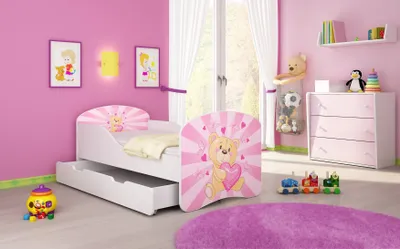 Image de ACMA I Lit d'adolescent Lit d'enfant Lit junior Set complet avec matelas Sommier à lattes Blanc 10 Nounours 160x80 + coffre de lit