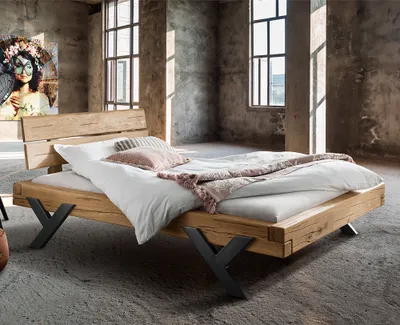 Produktbild von Massivholz Doppelbett, 180x200 cm, Eiche massiv, Holzkopfteil, schwarze Beine in Y-Form, UPPSALA-137, B/H/T ca. 198/88/228 cm
