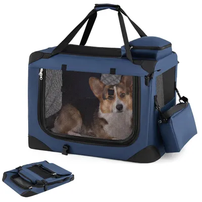 Image de Cage de transport pliable pour chien COSTWAY 61 x 43 x 43 cm, sac de transport avec fenêtres en filet, 3 portes, rembourrage amovible, poignées de transport et 2 poches, cage de transport portable pour chien