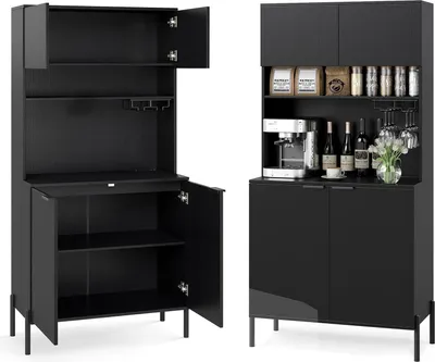Two views of a black kitchen cabinet/buffet with open and closed doors, displaying various items like coffee maker, bottles, and glassware.
