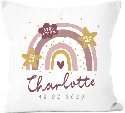 Produktbild von personalisierbarer Kissen-Bezug zur Geburt Geburtskissen Regenbogen Herzen Geschenk Geburt Baby SpecialMe® Mädchen weiß 40cm x 40cm