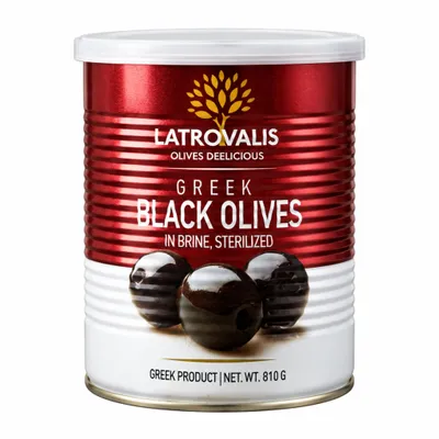 Latrovalis Schwarze Oliven mit Stein 810 g Dose auf weißem Grund