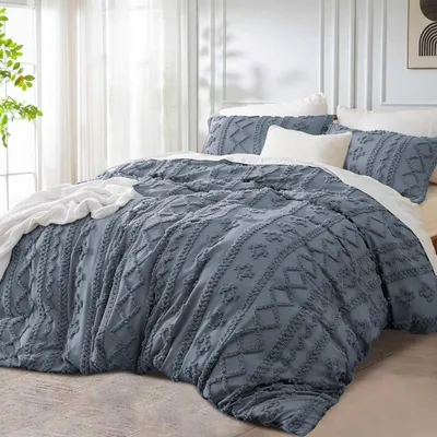 Obrázek produktu pro Sada povlečení 220x240 cm, šedá, tmavě šedá, v bohémském vintage stylu, geometrický vzor. Obsahuje: jeden oboustranný povlak na peřinu se zipem a dva povlaky na polštáře 80x80 cm