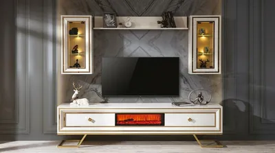 Productafbeelding van TV Möbel Stil modern weiß Kamin geräumig praktisch Wohnzimmer bequem, AI-gegenereerde afbeelding