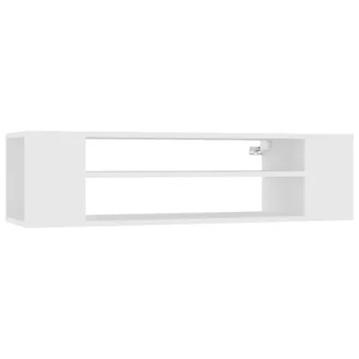 A white TV cabinet with two shelves, shown against a white background.