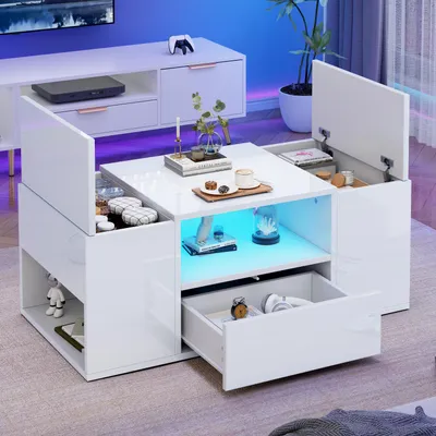 Zdjęcie produktu dla Stolik kawowy Merax z diodami LED o wysokim połysku, stolik do salonu z 1 szufladą i 2 szafkami, stolik boczny z 6 schowkami, nowoczesny stolik pod sofę, biały
