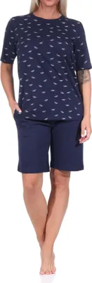 Produktbild von Damen kurzarm Schlafanzug Shorty Pyjama in maritimer Optik - auch in Übergrössen ; marine , 36-38