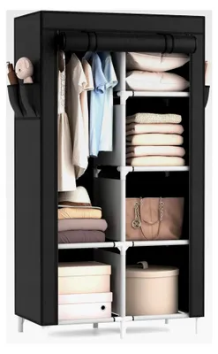 Produktbild von Kleiderschrank aus Stoff mit Kleiderstange, 6 Fächern, 4 Seitentaschen und Überzug, stabil für Schlafzimmer und Ankleidezimmer (Schwarz, 84 x 42 x 162 cm)