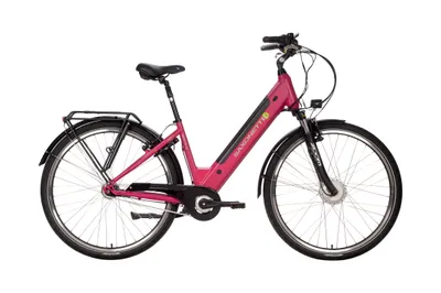 A pink electric bicycle is shown against a white background.