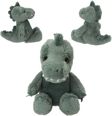 Three views of a plush dinosaur toy.
