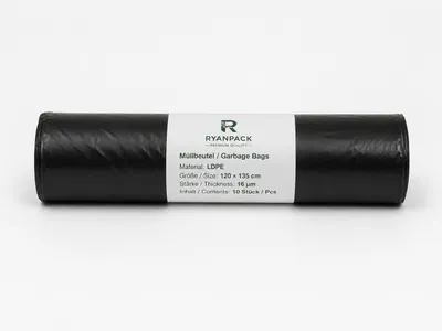 Immagine prodotto di RyanPack Sacchetti per rifiuti senza manici in LDPE 120×135 cm, 16 µ, neri – 200 pezzi per cartone, Immagine generata dall'IA