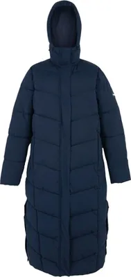 A full-length navy blue puffer jacket with a hood, presented on a white background.