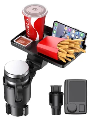 Immagine prodotto di Portabicchieri per auto, tavolino multifunzione, 5 in 1, con supporto regolabile, piano da 25 cm e supporto per telefono, girevole a 360°
