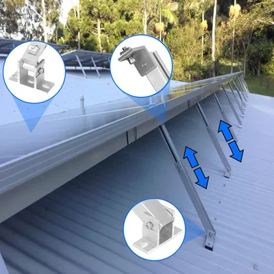 Produktbild von Aluminium PV-Module-Halter für flaches Dach, verstellbarer Anbau für Solarmodule, robuste Konstruktion, einfache Montage, ideal für Balkon und Dach.