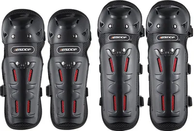 Imagen del producto de 4 protectores universales para codos y rodillas, ideales para motocross, motocicletas y ciclismo, que ofrecen protección y seguridad. Color: