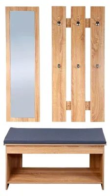 Produktbild von Garderoben-Set in Eichenoptik - Wandgarderobe, Sitzbank und Spiegel