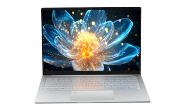 A silver laptop is shown from a slightly elevated front-facing angle against a white background. The laptop screen displays a vibrant, abstract image of a glowing blue and orange flower.