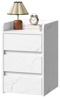 Image de Table de chevet avec 3 tiroirs et ports USB, dimensions : 34 x 40 x 58,5 cm, couleur : blanc marbre